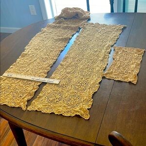 Elegant Gold hand crocheted Table Runner 3 piece Set